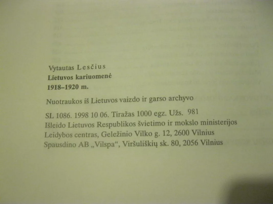 Lietuvos kariuomenė 1918-1920 metais - Vytautas Lesčius, knyga