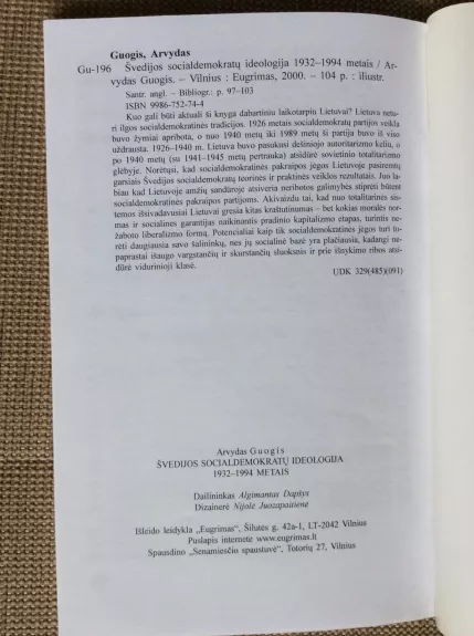 Švedijos socialdemokratų ideologija 1932-1994 metais - Arvydas Guogis, knyga 1