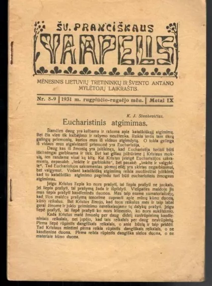 Šv. Pranciškaus varpelis 1931 rugpjūtis – rugsėjis (nr. 8–9)
