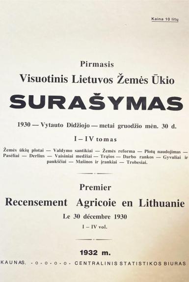 Visuotinis Lietuvos žemės ūkio surašymas : 1930 Vytauto Didžiojo metų gruodžio mėn. 30