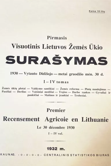 Visuotinis Lietuvos žemės ūkio surašymas : 1930 Vytauto Didžiojo metų gruodžio mėn. 30