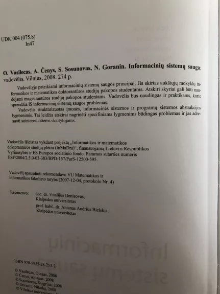 Informacinių sistemų sauga - Olegas Vasilecas, Antanas Čenys Sergejus Sosunovas, Nikolaj Goranin, knyga 1