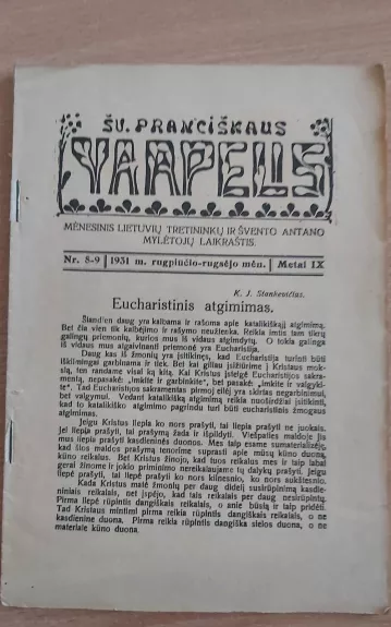 Šv. Pranciškaus Varpelis 1931 Nr. 8-9 rugpjūčio-rugsėjo mėn.