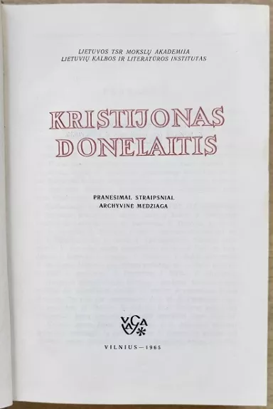 Literatūra ir kalba (VII tomas ) Krstijonas Donelaitis