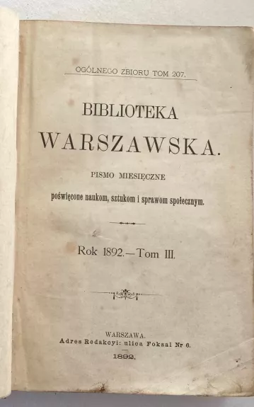Biblioteka Warszawska – Rok 1892  Tom III