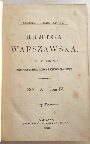 Biblioteka Warszawska – Rok 1892 Tom IV - Autorių Kolektyvas, knyga 1
