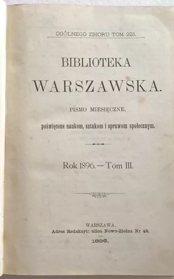 Biblioteka Warszawska – Rok 1896  Tom III - Autorių Kolektyvas, knyga 1