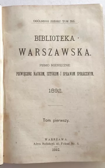 Biblioteka Warszawska – Rok 1892  Tom I