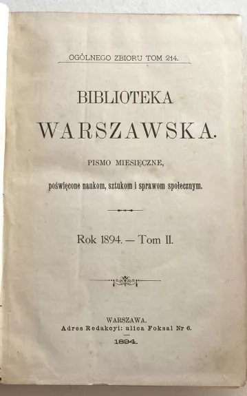Biblioteka Warszawska – Rok 1894 Tom II
