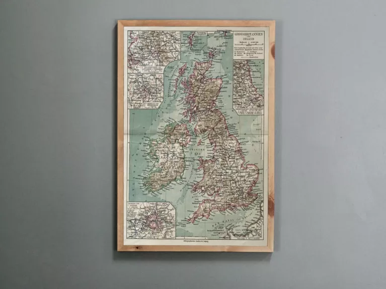 Didžiosios Britanijos ir Airijos žemėlapis 1932m. antikvarinė spalvota litografija iš Meyers Lexikon