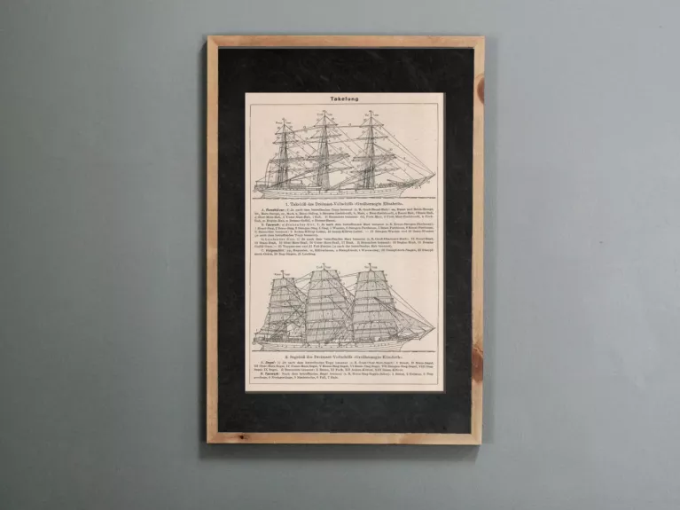 Laivo burių takelažo litografija 1932 m. iš Meyers Lexikon