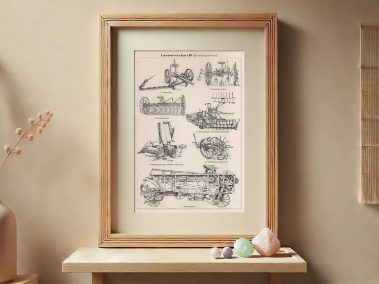 Seni žemės ūkio prietaisai ir įrankiai 1932m. litografija Meyers Lexikon