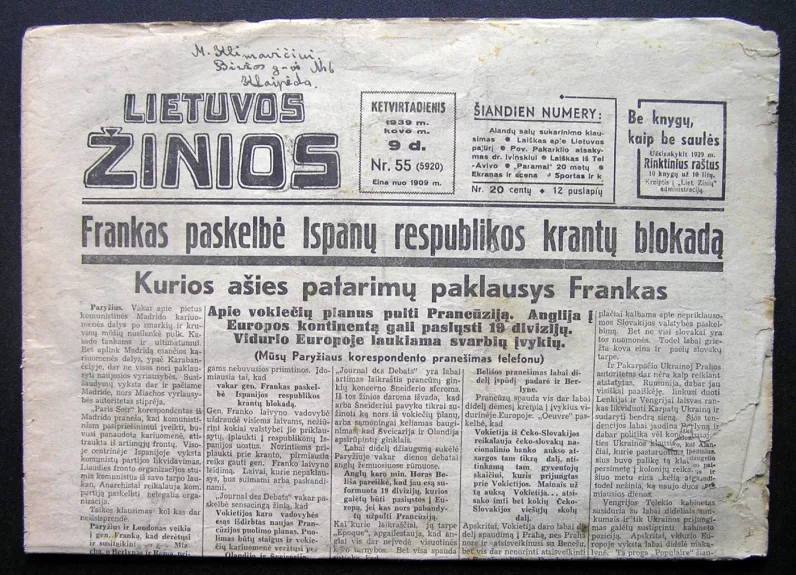 Laikraštis Lietuvos žinios 1939-03-09, Nr. 55 (5920)