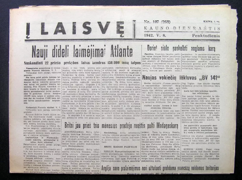 Laikraštis. Į laisvę Nr. 107 (268) 1942-05-08