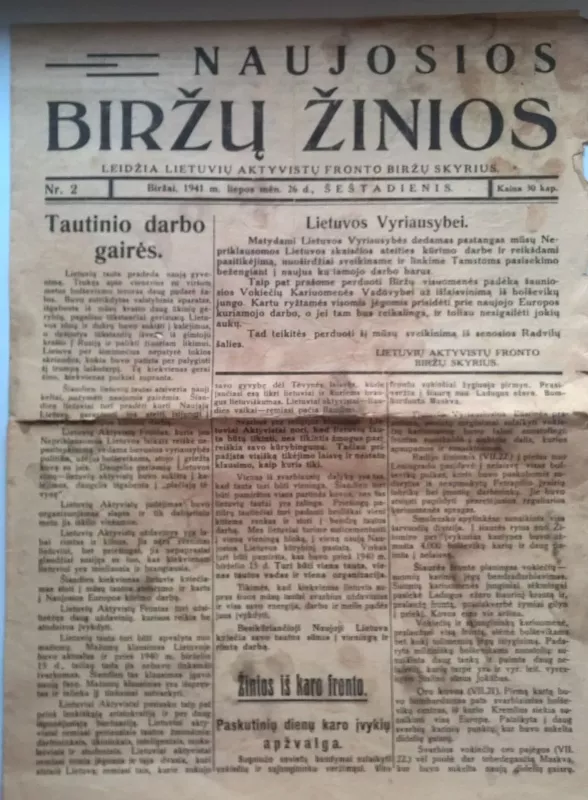 Naujosios Biržų žinios Nr. 2, 1941 liepos mėn. 26 d. - Stasys Lipniūnas ir kt., knyga