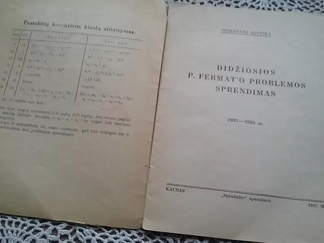 Didžiosios P.Fermato problemos sprendimas,1935 m - Zigmantas Rupeika, knyga