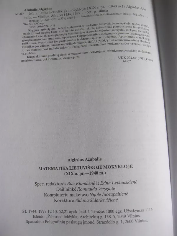 Matematika lietuviškoje mokykloje (XIX a.pr.-1940 m.) - Algirdas Ažubalis, knyga