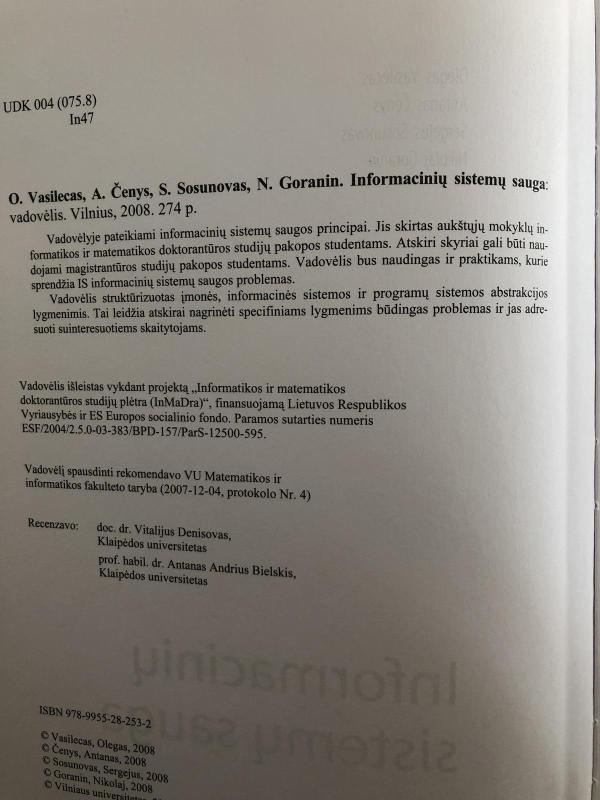 Informacinių sistemų sauga - Olegas Vasilecas, Antanas Čenys Sergejus Sosunovas, Nikolaj Goranin, knyga 2