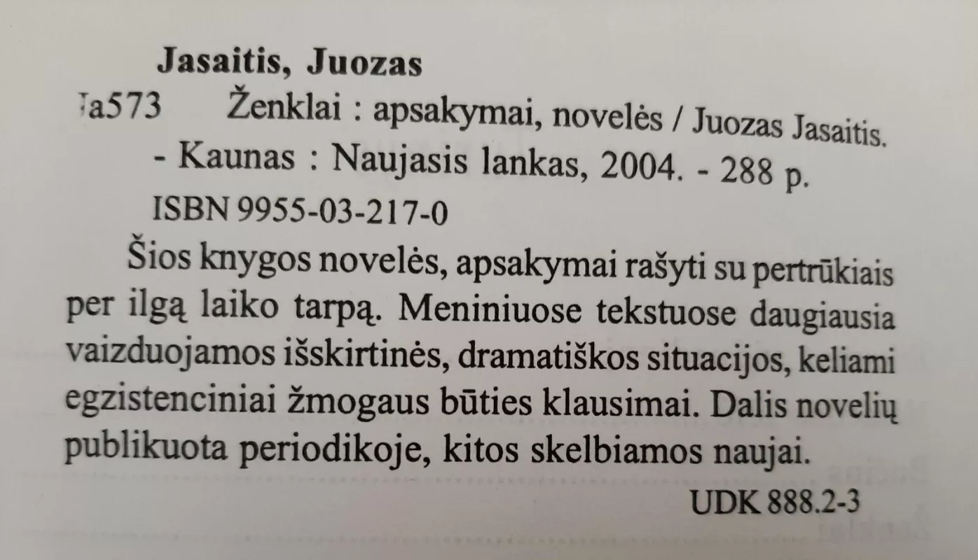 Ženklai: apsakymai, novelės - Juozas Jasaitis, knyga 3