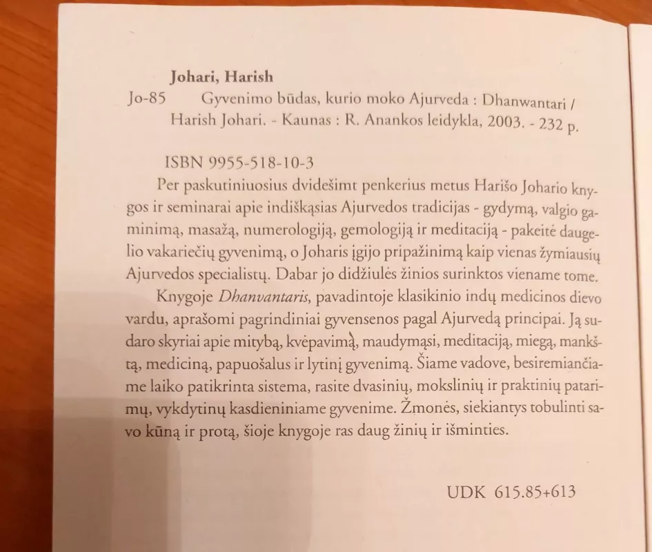 Gyvenimo budas, kurio moko ajurveda - Harich Johari, knyga 6