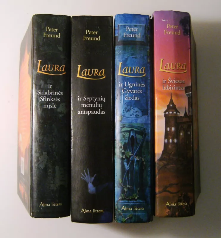 Laura (6 knygos): "Laura ir Aventeros paslaptis"; "Laura ir Septynių mėnulių antspaudas"; "Laura ir Sidabrinės Sfinksės mįslė"; "Laura ir drakonų karalių prakeikimas"; "Laura ir Ugninės Gyvatės žiedas"; "Laura ir Šviesos labirintas" - Peter Freund, knyga 6