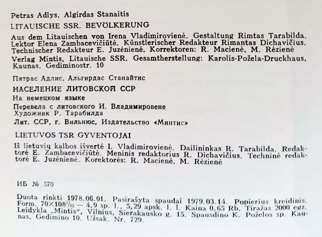 Litauische SSR. Bevölkerung - Stanaitis A. Adlys P., knyga 3