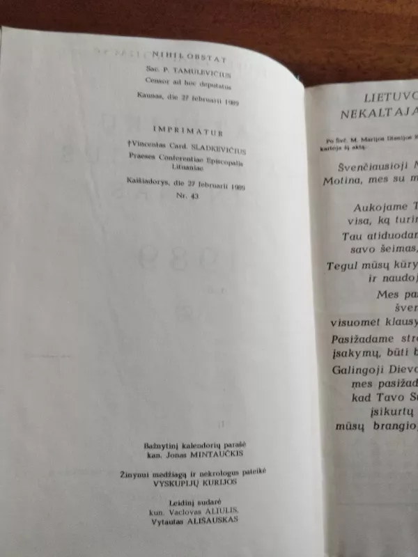 Katalikų kalendorius žinynas 1989 - Autorių Kolektyvas, knyga 5