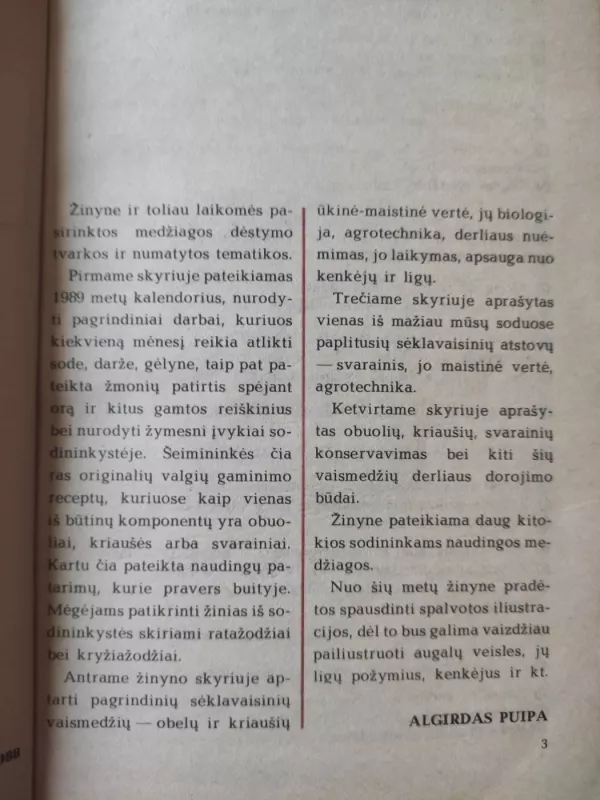 Sodininko žinynas 1989 - Algirdas Puipa, knyga 3