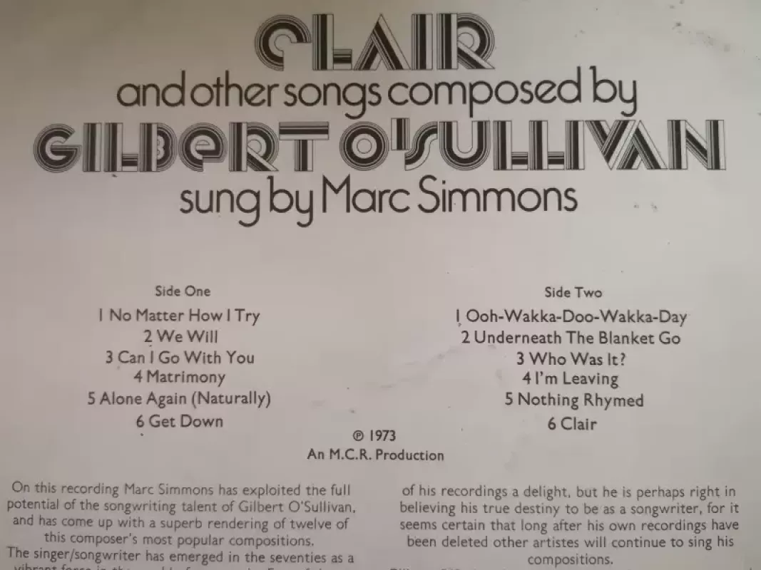 Songs Composed by O'Gilbert Sullivan - Marc Simmons, plokštelė 3