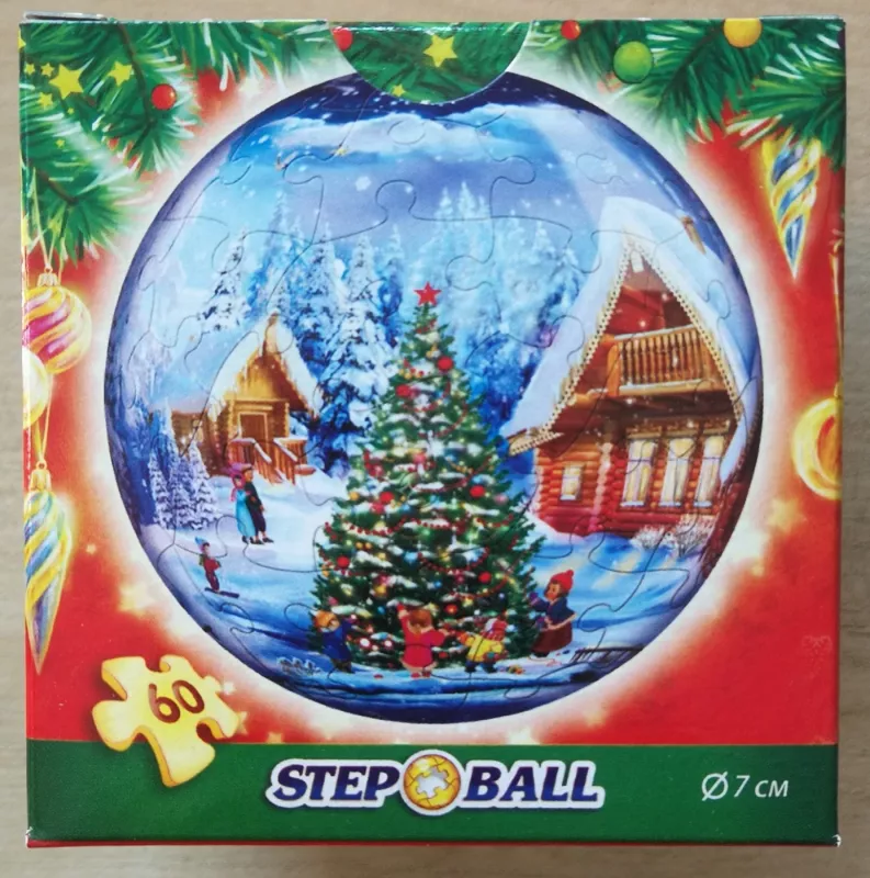 Plastikinė kamuoliuko formos dėlionė eglutės žaisliukas Pintoo Puzzle 60 "Naujametinė kolekcija. Eglutė ir namukai"  Plastic Puzzle 60 Ball  Christmas Collection. Christmas tree and houses - , namai ir interjeras 2