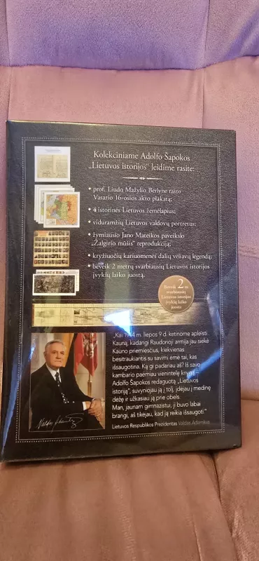 LIETUVOS ISTORIJA: kolekcinis A. Šapokos knygos leidimas spec. auksuotoje dėžutėje + 4 žemėlapiai, istorinės vėliavos, mūsų valdovų portretai, „Žalgirio mūšio“ reprodukcija, Nepriklausomybės akto kopija ir unikali 2 m Lietuvos istorijos laiko juosta - Adolfas Šapoka, knyga 4