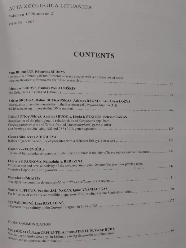 Acta zoologica Lituanica Volumen 17 Numerus 2 - Autorių Kolektyvas, knyga 4