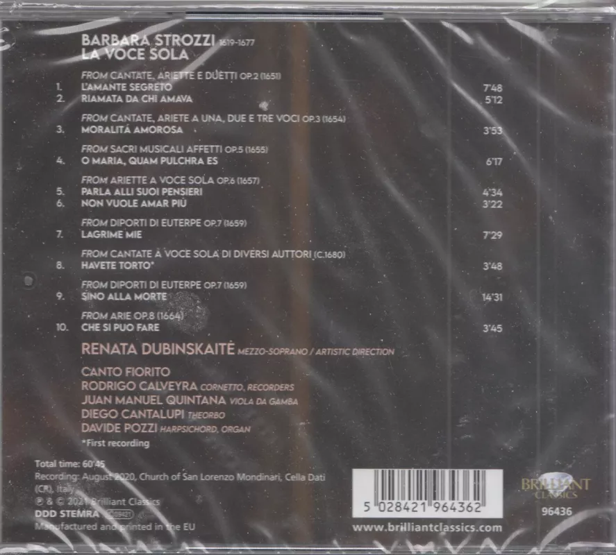 Barbara Strozzi. LA VOCE SOLA - Renata Dubinskaitė • Canto Fiorito, plokštelė 3