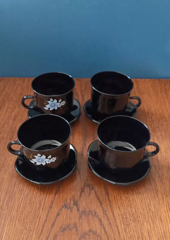 Juodo stiklo puodeliai su lėkštute, 4vnt. - , namai ir interjeras 3