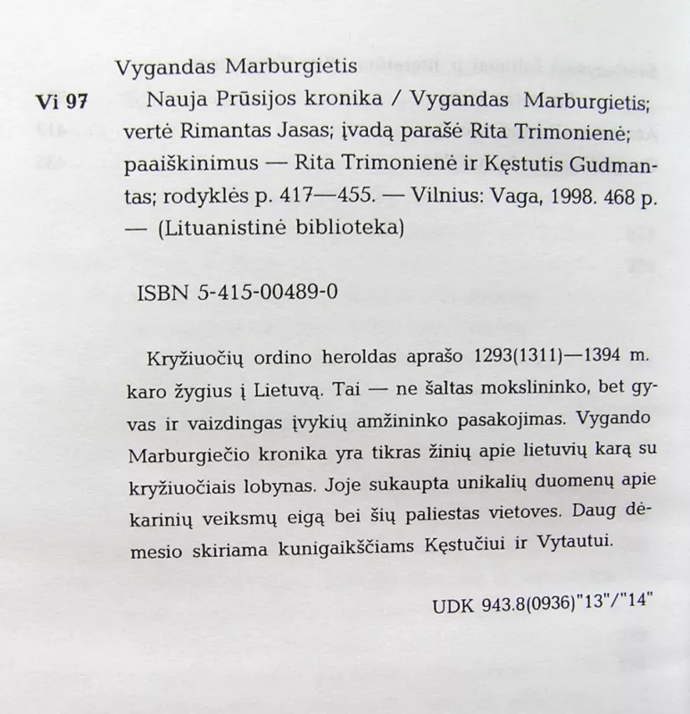 Naujoji Prūsijos kronika - Vygandas Marburgietis, knyga 5