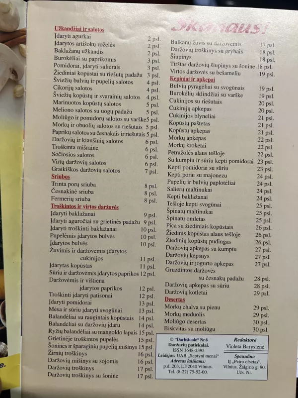 Daržovių patiekalai  Darbštuolė 2001/06 - Redaktorė Violeta Barysienė, knyga 3