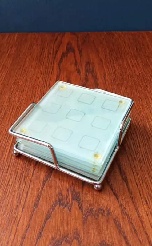 6vnt. stiklinių padėkliukų komplektas metaliniame laikiklyje - , namai ir interjeras 4