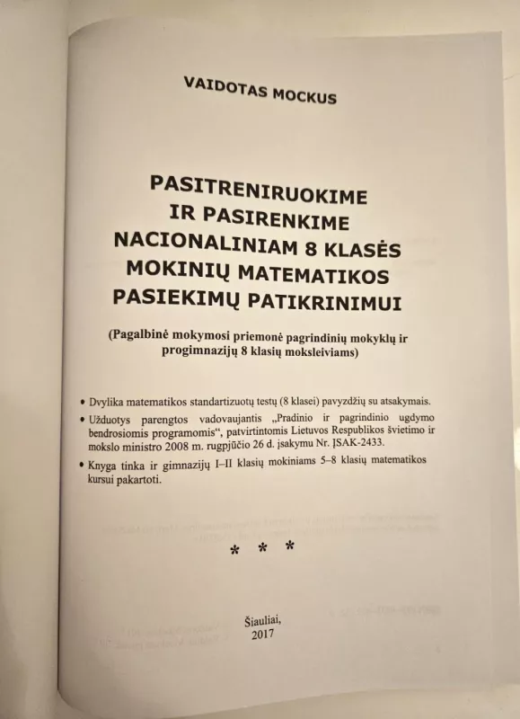 Pasitreniruokime ir pasirenkime nacionaliniam 8 klasės mokinių matematikos pasie kimų patikrinimui - Vaidotas Mockus, knyga 3