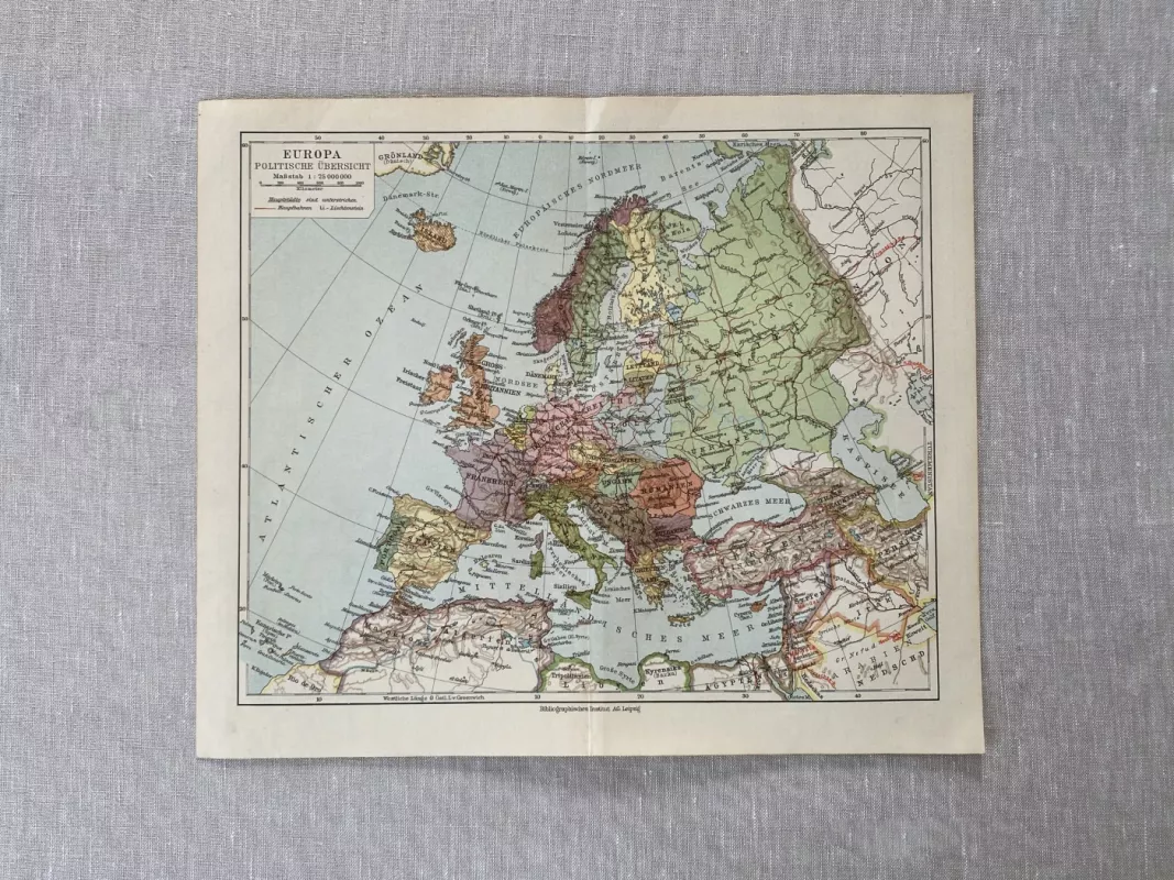 Europos žemėlapis antikvarinė spalvota litografija 1931 m. Meyers Lexikon - , namai ir interjeras 3