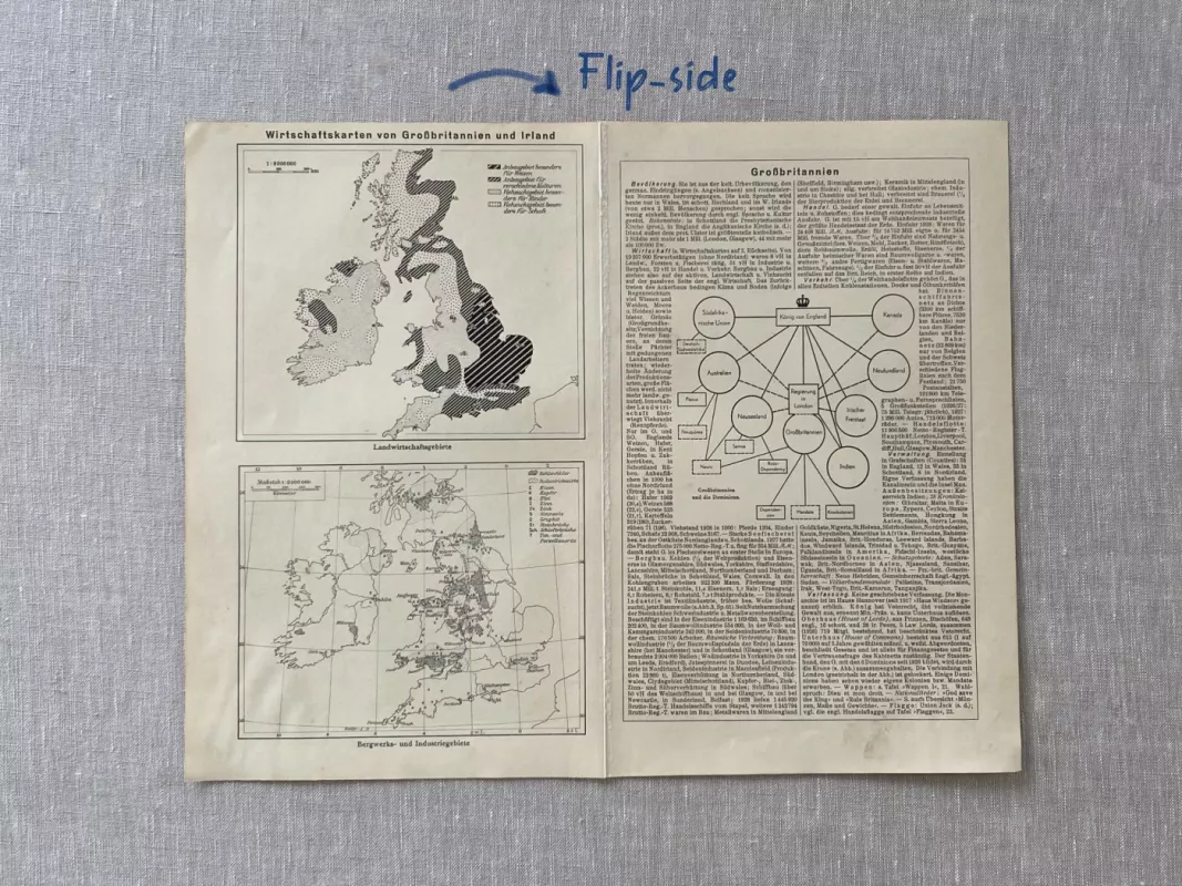 Didžiosios Britanijos ir Airijos žemėlapis 1932m. antikvarinė spalvota litografija iš Meyers Lexikon - , namai ir interjeras 5