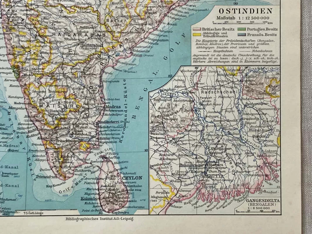 Senas Indijos žemėlapis 1932m. originali spalvota litografija Meyers Lexikon - , namai ir interjeras 6