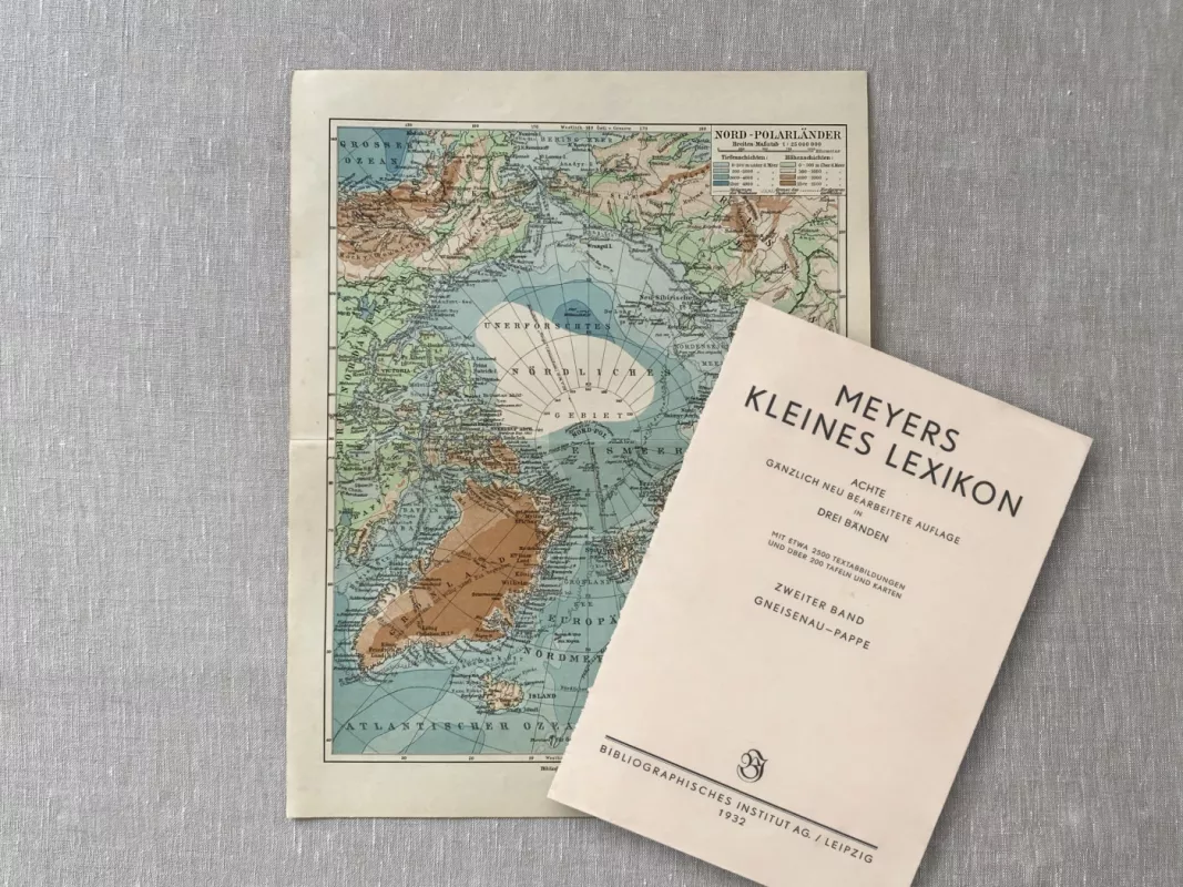 Šiaurės ašigalio žemėlapis 1932m. originali spalvota litografija Meyers Lexikon - , namai ir interjeras 4