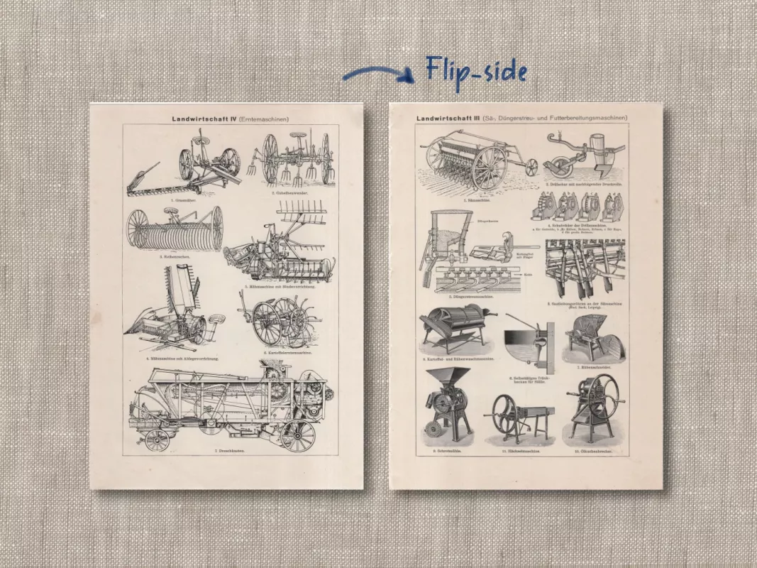 Seni žemės ūkio prietaisai ir įrankiai 1932m. litografija Meyers Lexikon - , namai ir interjeras 3