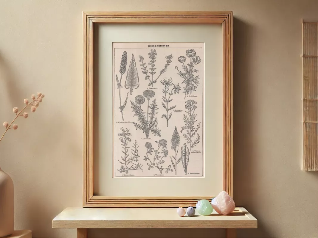 Botaninė litografija Pievų Gėlės 1932m. iš Meyers Lexikon - , namai ir interjeras 2