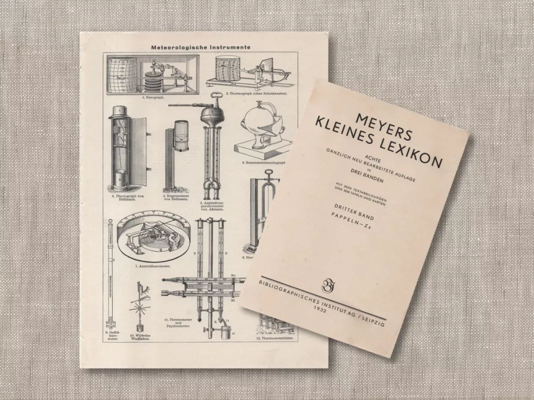 Seni meteorologiniai instrumentai 1932 m. originali litografija iš Meyers Lexikon - , namai ir interjeras 3