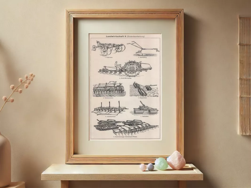 Senoviniai žemės ūkio prietaisai 1932m. originali litografija Meyers Lexikon - , namai ir interjeras 2