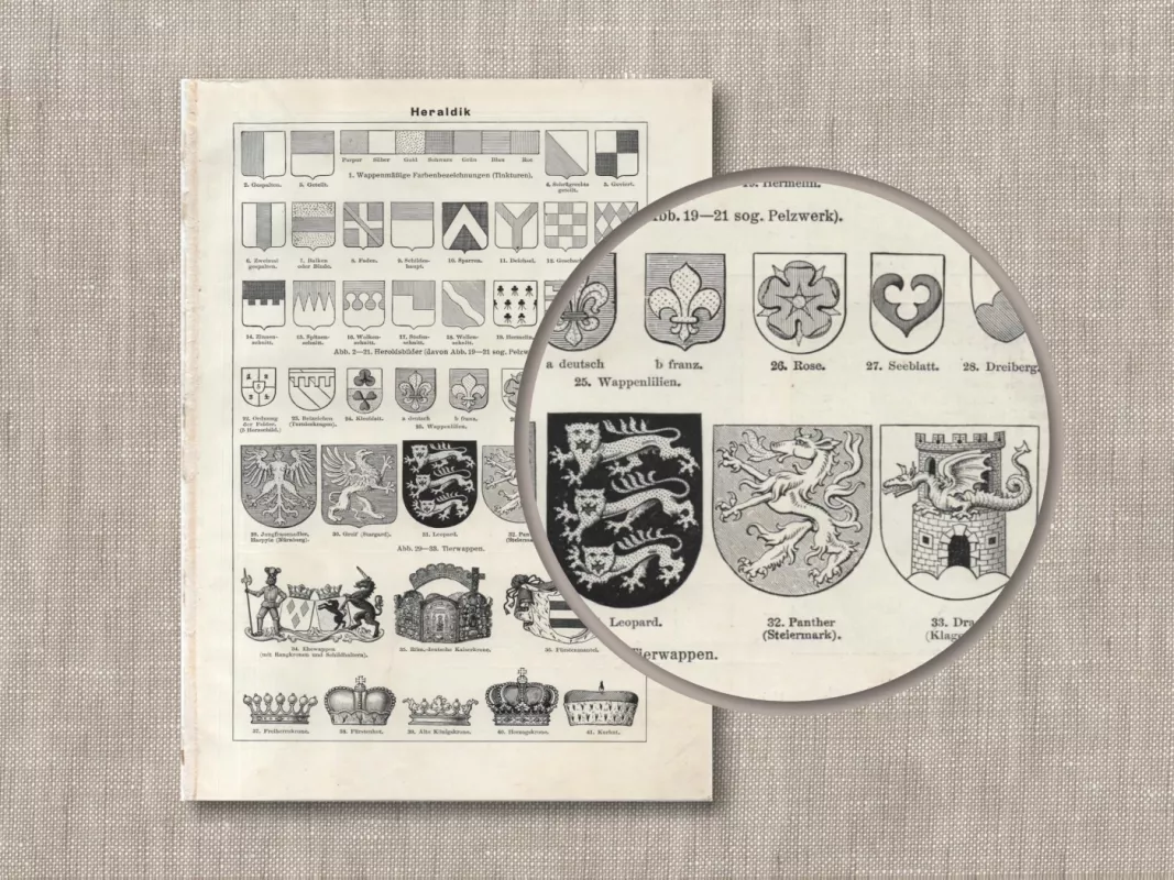 Istorinė heraldika 1932m. litografija Meyers Lexikon - , namai ir interjeras 5