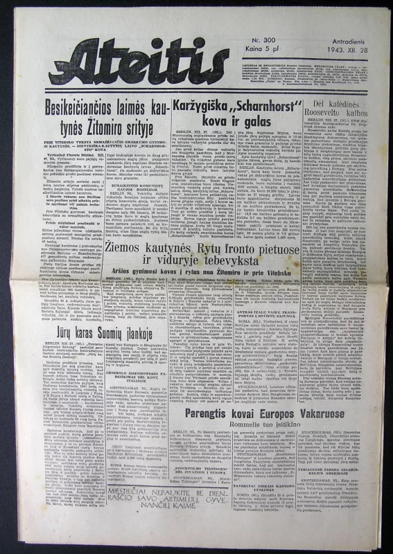 Laikraštis. Ateitis, 1943-12-28, Nr. 300 - Leidėjas ir redaktorius Bronius Daunoras, knyga 3