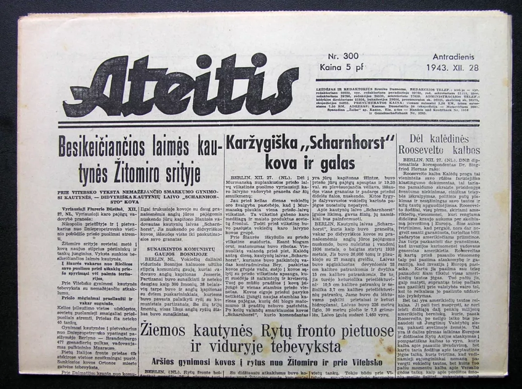 Laikraštis. Ateitis, 1943-12-28, Nr. 300 - Leidėjas ir redaktorius Bronius Daunoras, knyga 2