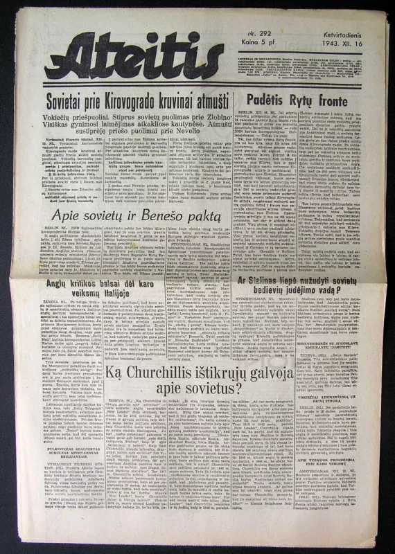Laikraštis. Ateitis, 1943-12-16, Nr. 292 - Leidėjas ir redaktorius Bronius Daunoras, knyga 3